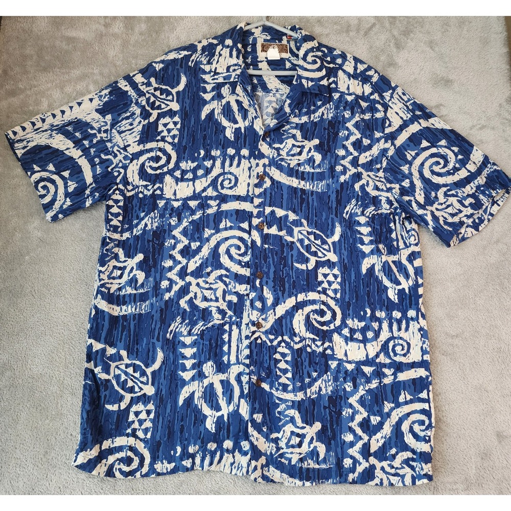 Kalaheo Shirt Mens XL Blue White Tribal Turtle Aloha Hawaiian Made in USA